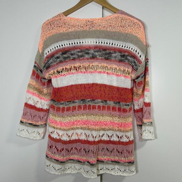 LaSeine Women’s M 3/4 Sleeve Open Knit Sweater Boho Multicolor Pink Cream‎ - Picture 2 of 9
